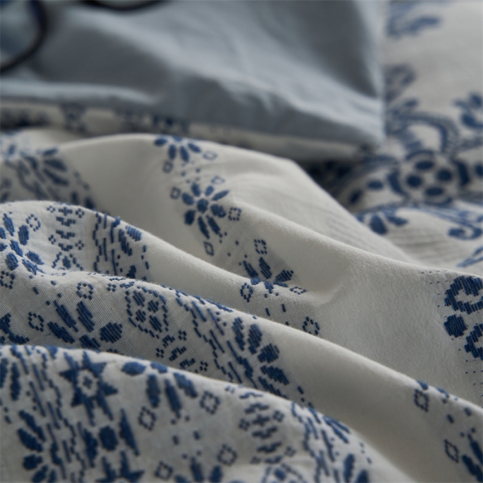 91家纺网 家纺一手货源 找家纺 梦享生活 2022新款全棉色织水洗棉提花四件套 克什米尔蓝