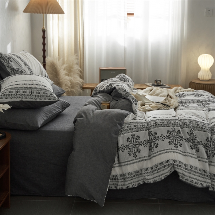 91家纺网 家纺一手货源 找家纺 梦享生活 2022新款全棉色织水洗棉提花四件套 克什米尔深灰