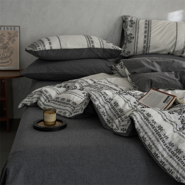 91家纺网 家纺一手货源 找家纺 梦享生活 2022新款全棉色织水洗棉提花四件套 克什米尔深灰