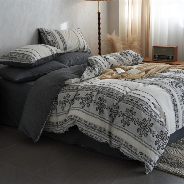 91家纺网 家纺一手货源 找家纺 梦享生活 2022新款全棉色织水洗棉提花四件套 克什米尔深灰