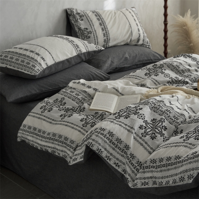 91家纺网 家纺一手货源 找家纺 梦享生活 2022新款全棉色织水洗棉提花四件套 克什米尔深灰