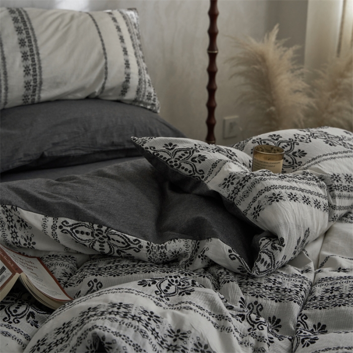 91家纺网 家纺一手货源 找家纺 梦享生活 2022新款全棉色织水洗棉提花四件套 克什米尔深灰