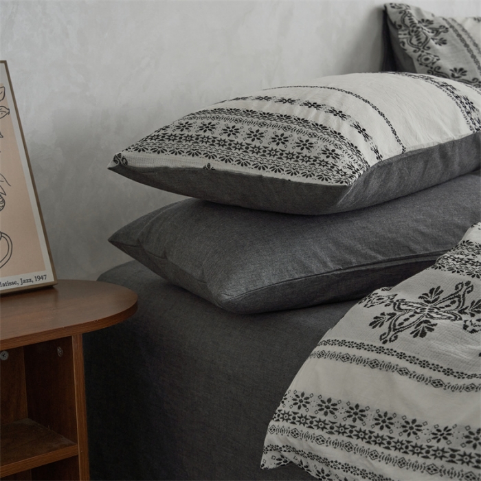 91家纺网 家纺一手货源 找家纺 梦享生活 2022新款全棉色织水洗棉提花四件套 克什米尔深灰