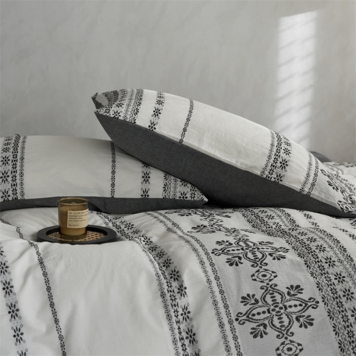 91家纺网 家纺一手货源 找家纺 梦享生活 2022新款全棉色织水洗棉提花四件套 克什米尔深灰