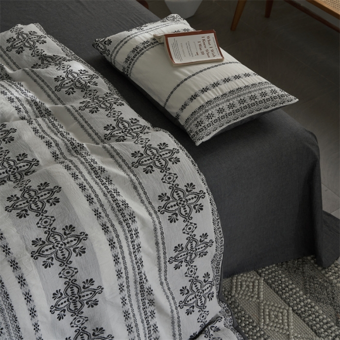 91家纺网 家纺一手货源 找家纺 梦享生活 2022新款全棉色织水洗棉提花四件套 克什米尔深灰