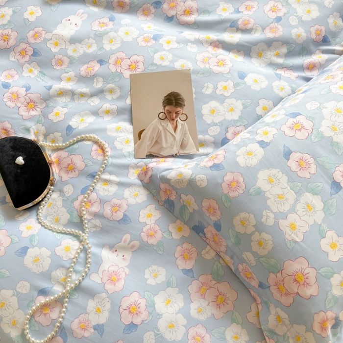 91家纺网 家纺一手货源 找家纺 柚子2022新款40支13372全棉印花四件套 兔兔花园