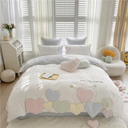 91家纺网 家纺一手货源 找家纺 星野 2022新款优质40s水洗棉四件套-马卡龙心语-清新蓝