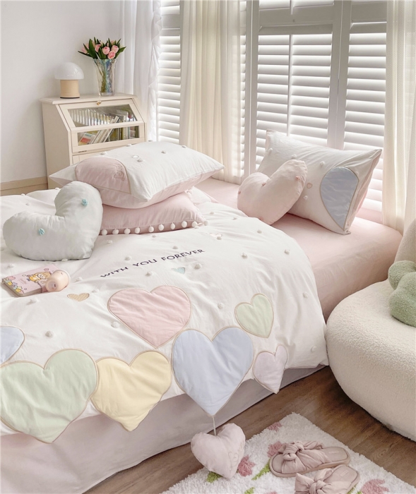 91家纺网 家纺一手货源 找家纺 星野 2022新款优质40s水洗棉四件套-马卡龙心语-清甜粉