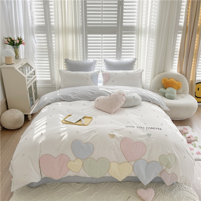 91家纺网 家纺一手货源 找家纺 星野 2022新款优质40s水洗棉四件套-马卡龙心语-清新蓝