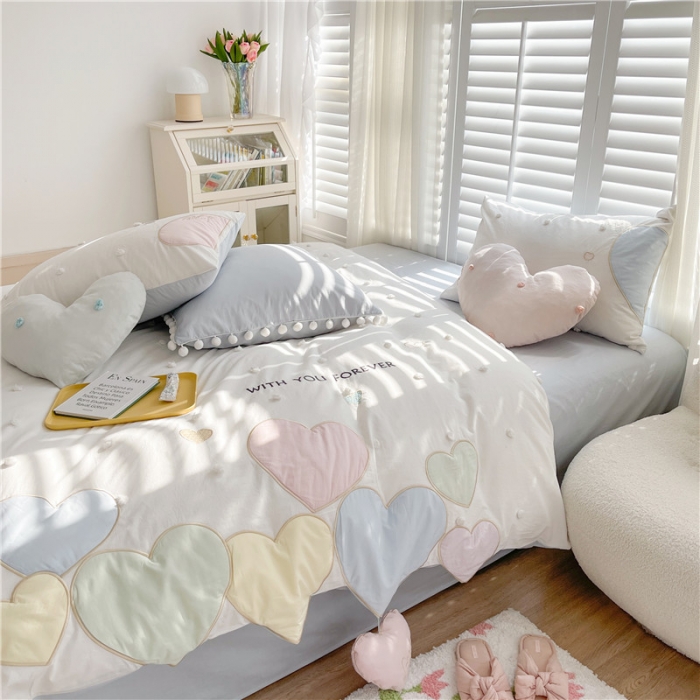 91家纺网 家纺一手货源 找家纺 星野 2022新款优质40s水洗棉四件套-马卡龙心语-清新蓝