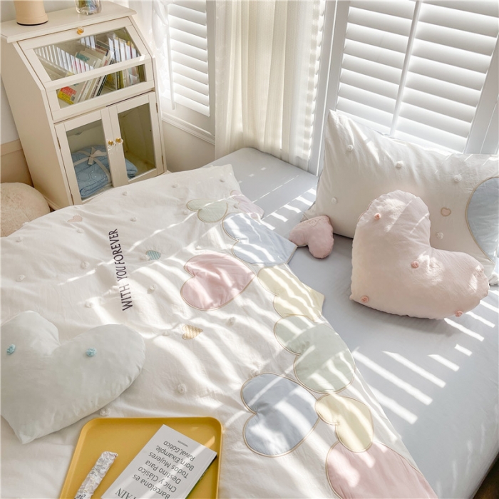 91家纺网 家纺一手货源 找家纺 星野 2022新款优质40s水洗棉四件套-马卡龙心语-清新蓝