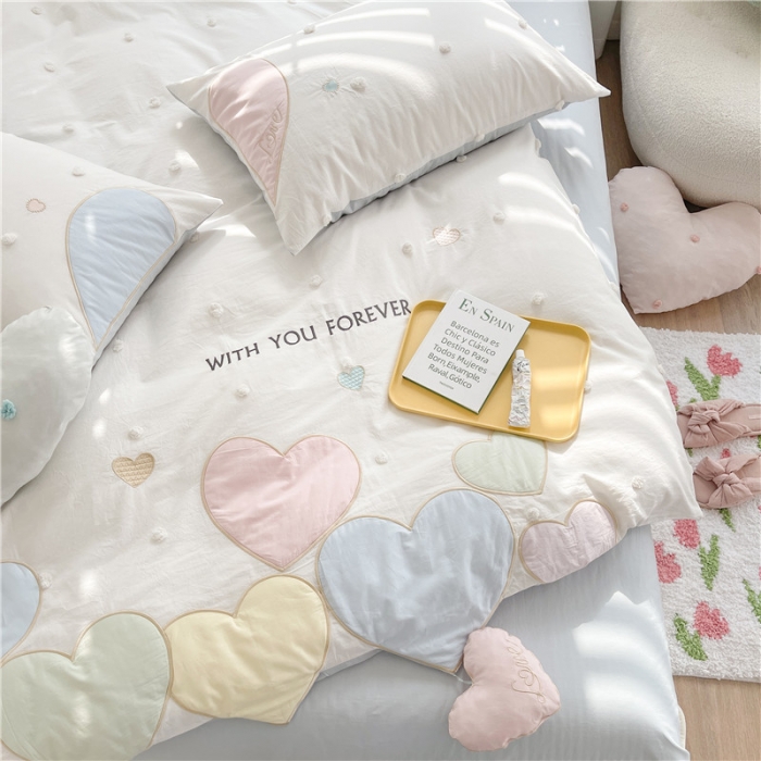 91家纺网 家纺一手货源 找家纺 星野 2022新款优质40s水洗棉四件套-马卡龙心语-清新蓝