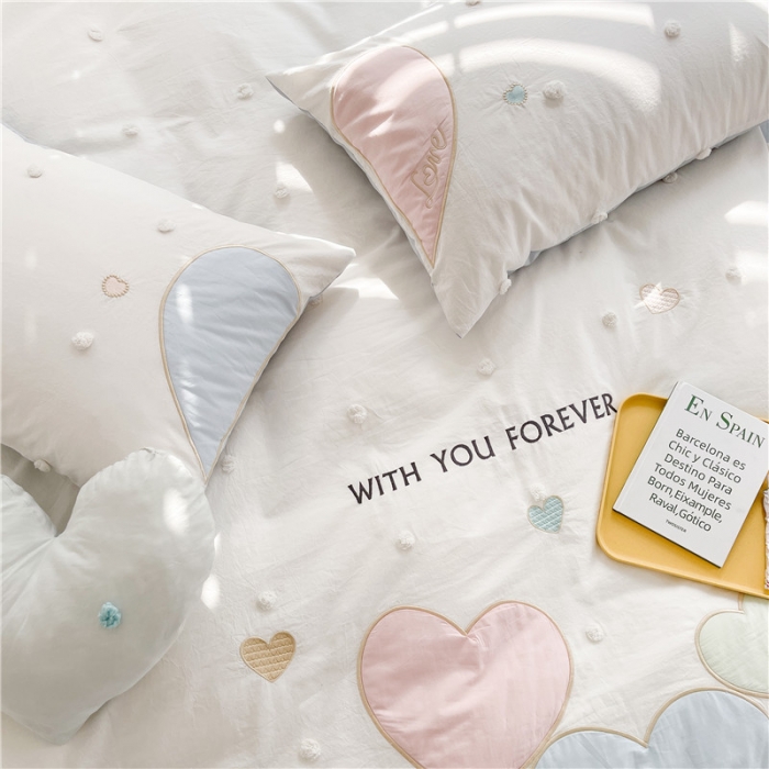 91家纺网 家纺一手货源 找家纺 星野 2022新款优质40s水洗棉四件套-马卡龙心语-清新蓝