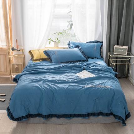 91家纺网 家纺一手货源 找家纺 ab家纺 2022新款水洗棉蕾丝夏被四件套夏凉被 宝蓝