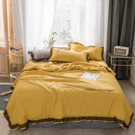 91家纺网 家纺一手货源 找家纺 ab家纺 2022新款水洗棉蕾丝夏被四件套夏凉被 姜黄