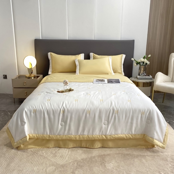 91家纺网 家纺一手货源 找家纺 优悦生活馆 2022新款冰丝夏被四件套 H-白黄