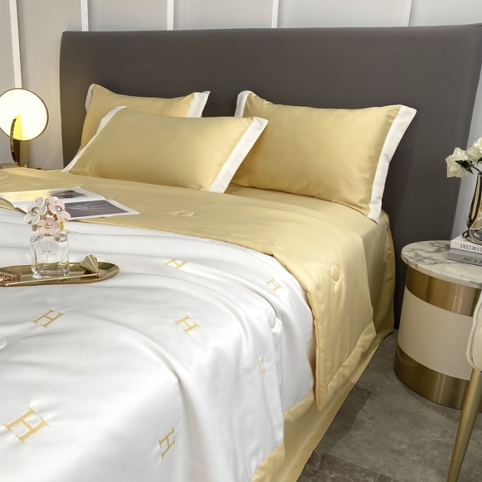 91家纺网 家纺一手货源 找家纺 优悦生活馆 2022新款冰丝夏被四件套 H-白黄