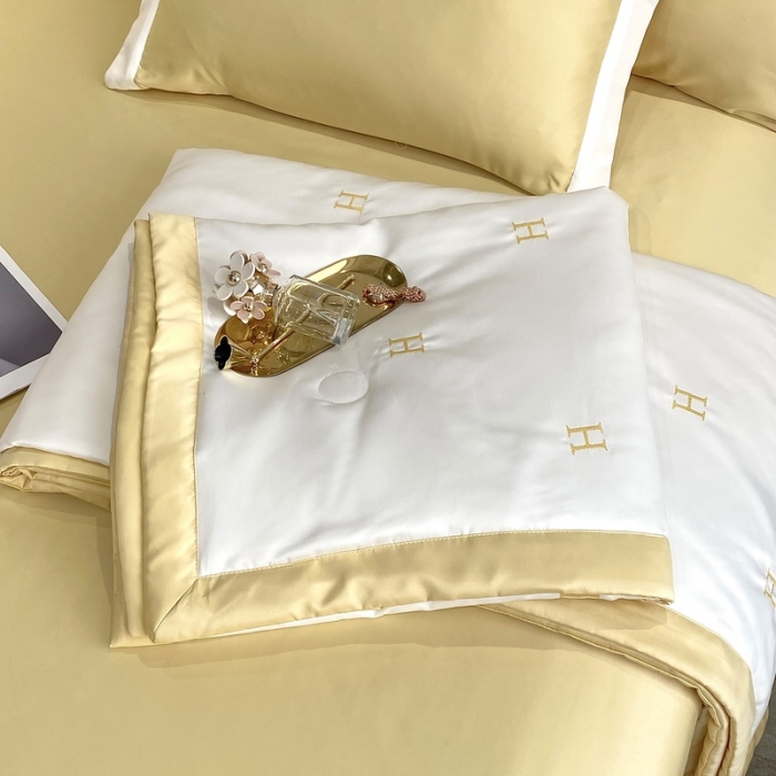 91家纺网 家纺一手货源 找家纺 优悦生活馆 2022新款冰丝夏被四件套 H-白黄