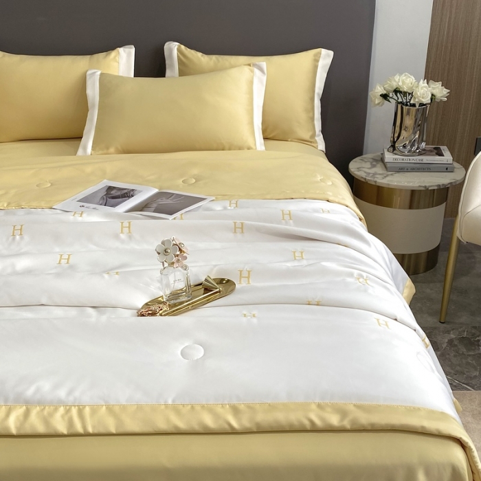 91家纺网 家纺一手货源 找家纺 优悦生活馆 2022新款冰丝夏被四件套 H-白黄