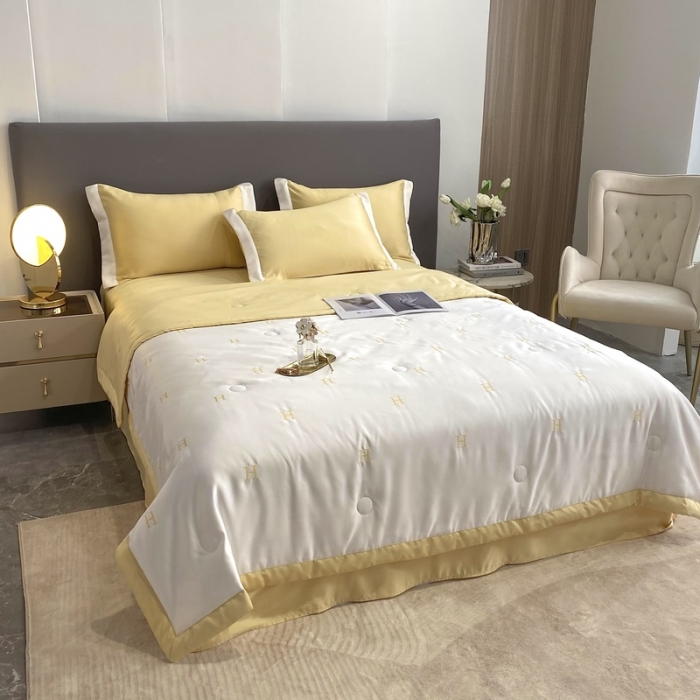 91家纺网 家纺一手货源 找家纺 优悦生活馆 2022新款冰丝夏被四件套 H-白黄