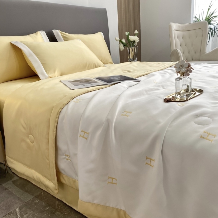 91家纺网 家纺一手货源 找家纺 优悦生活馆 2022新款冰丝夏被四件套 H-白黄