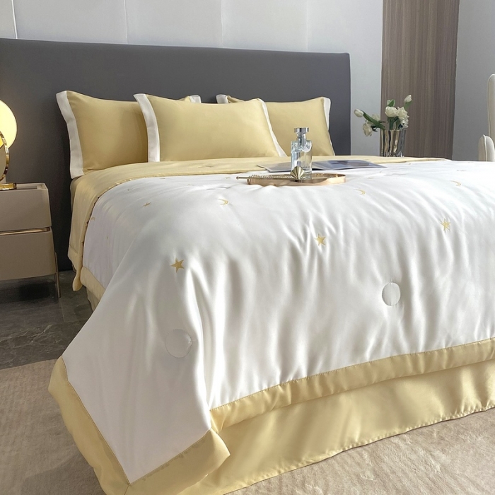 91家纺网 家纺一手货源 找家纺 优悦生活馆 2022新款冰丝夏被四件套 星月-白黄