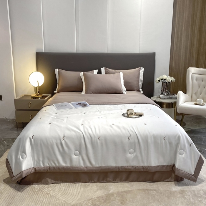 91家纺网 家纺一手货源 找家纺 优悦生活馆 2022新款冰丝夏被四件套 星月-白卡其