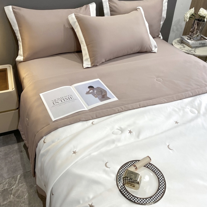 91家纺网 家纺一手货源 找家纺 优悦生活馆 2022新款冰丝夏被四件套 星月-白卡其