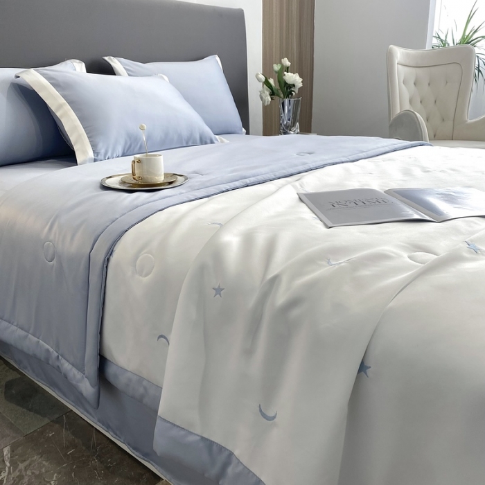 91家纺网 家纺一手货源 找家纺 优悦生活馆 2022新款冰丝夏被四件套 星月-白蓝