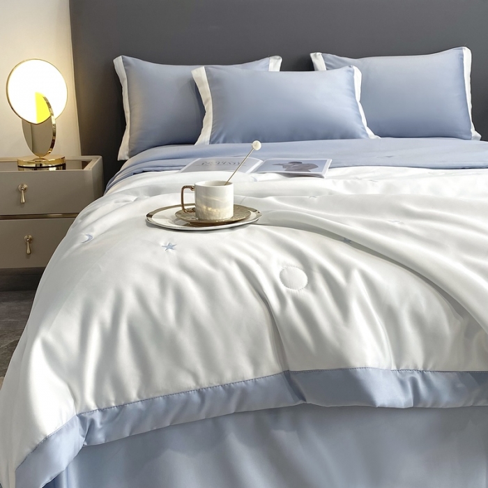 91家纺网 家纺一手货源 找家纺 优悦生活馆 2022新款冰丝夏被四件套 星月-白蓝