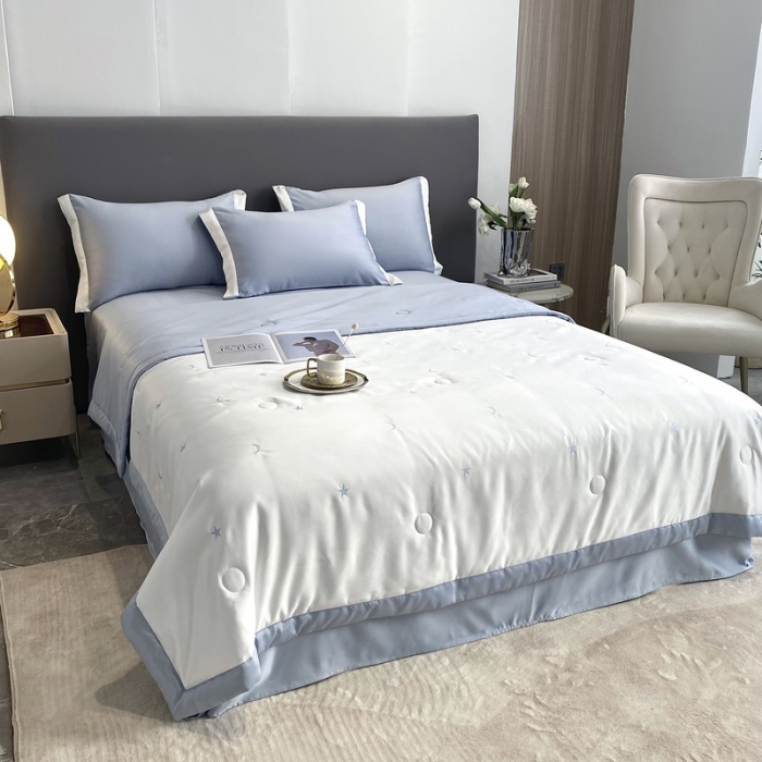 91家纺网 家纺一手货源 找家纺 优悦生活馆 2022新款冰丝夏被四件套 星月-白蓝