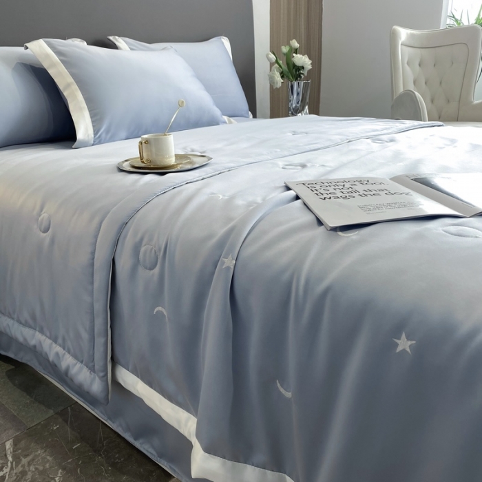 91家纺网 家纺一手货源 找家纺 优悦生活馆 2022新款冰丝夏被四件套 星月-蓝