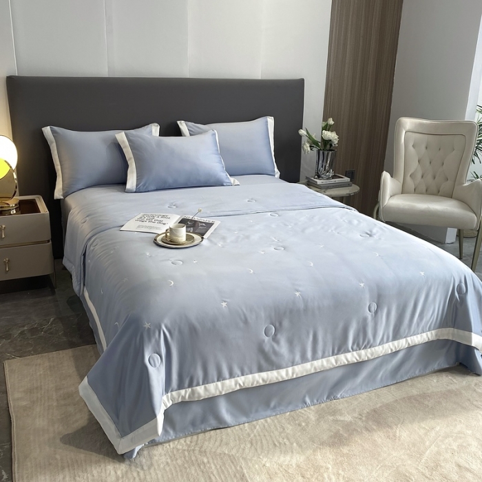 91家纺网 家纺一手货源 找家纺 优悦生活馆 2022新款冰丝夏被四件套 星月-蓝