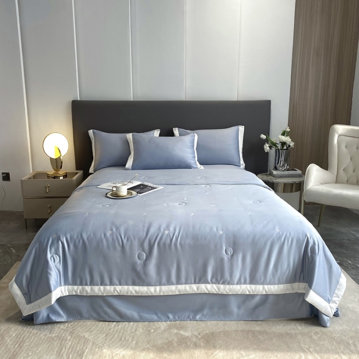 91家纺网 家纺一手货源 找家纺 优悦生活馆 2022新款冰丝夏被四件套 星月-蓝