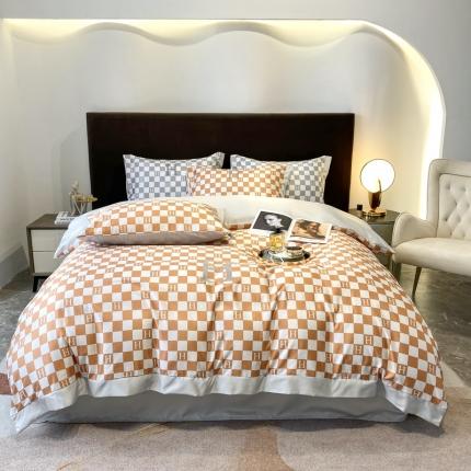 91家纺网 家纺一手货源 找家纺 优悦生活馆 2022新款棋盘格冰丝四件套 棋盘-橘