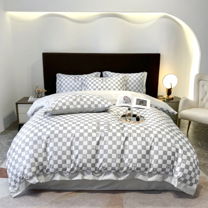 91家纺网 家纺一手货源 找家纺 优悦生活馆 2022新款棋盘格冰丝四件套 棋盘-灰