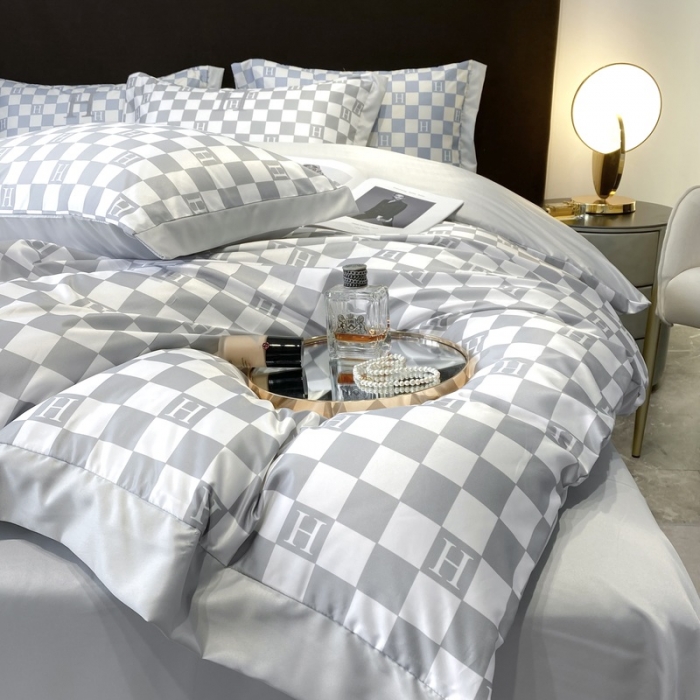 91家纺网 家纺一手货源 找家纺 优悦生活馆 2022新款棋盘格冰丝四件套 棋盘-灰