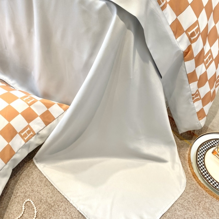 91家纺网 家纺一手货源 找家纺 优悦生活馆 2022新款棋盘格冰丝四件套 棋盘-橘