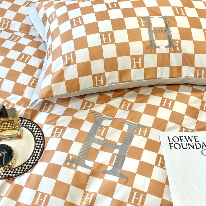 91家纺网 家纺一手货源 找家纺 优悦生活馆 2022新款棋盘格冰丝四件套 棋盘-橘