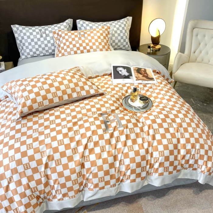 91家纺网 家纺一手货源 找家纺 优悦生活馆 2022新款棋盘格冰丝四件套 棋盘-橘