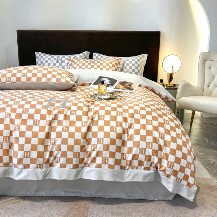 91家纺网 家纺一手货源 找家纺 优悦生活馆 2022新款棋盘格冰丝四件套 棋盘-橘