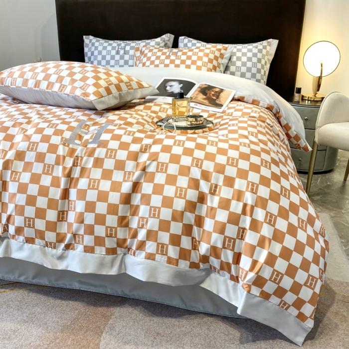 91家纺网 家纺一手货源 找家纺 优悦生活馆 2022新款棋盘格冰丝四件套 棋盘-橘