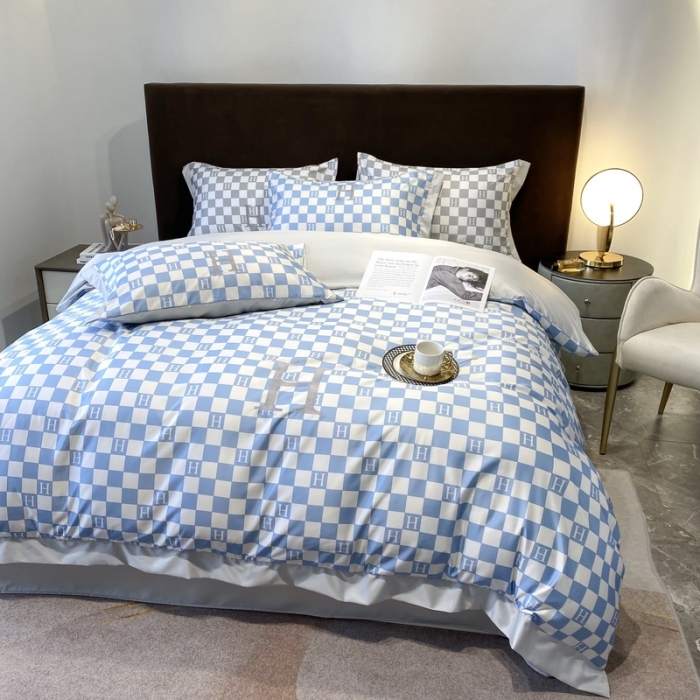 91家纺网 家纺一手货源 找家纺 优悦生活馆 2022新款棋盘格冰丝四件套 棋盘-蓝