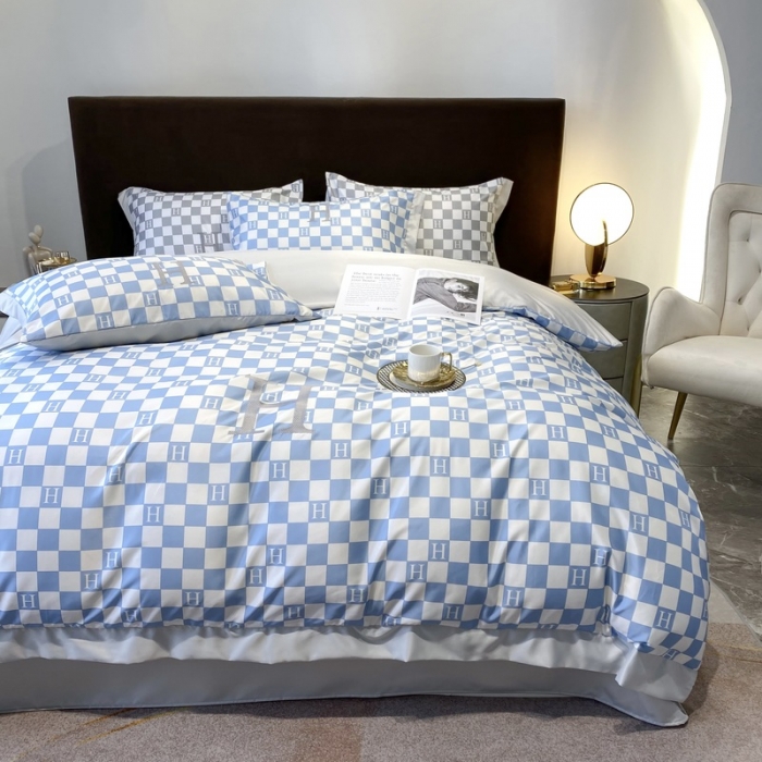 91家纺网 家纺一手货源 找家纺 优悦生活馆 2022新款棋盘格冰丝四件套 棋盘-蓝