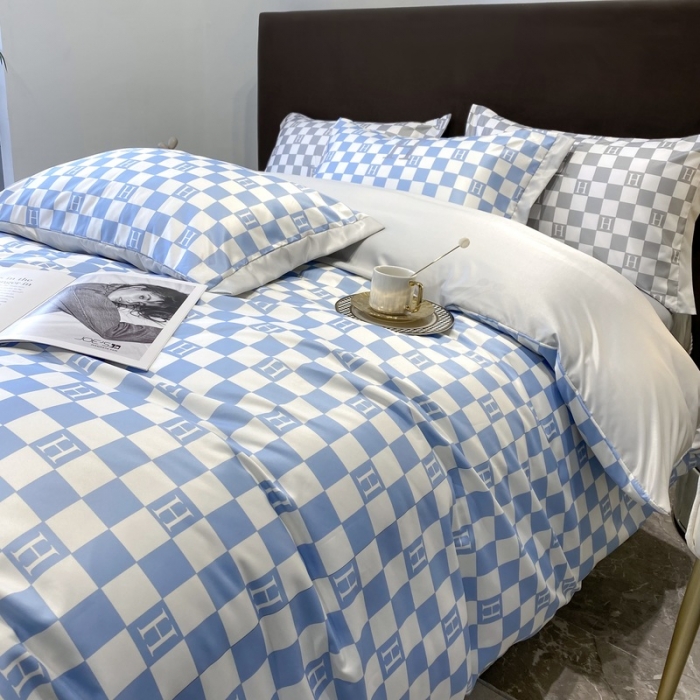 91家纺网 家纺一手货源 找家纺 优悦生活馆 2022新款棋盘格冰丝四件套 棋盘-蓝