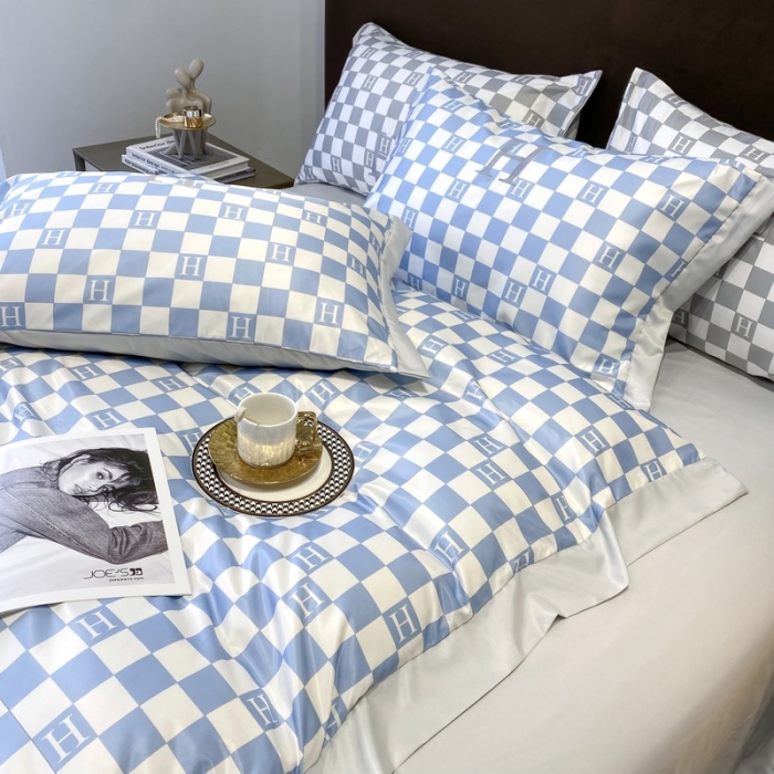 91家纺网 家纺一手货源 找家纺 优悦生活馆 2022新款棋盘格冰丝四件套 棋盘-蓝