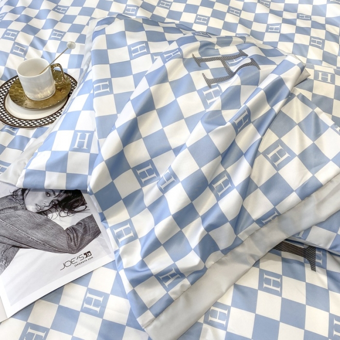 91家纺网 家纺一手货源 找家纺 优悦生活馆 2022新款棋盘格冰丝四件套 棋盘-蓝