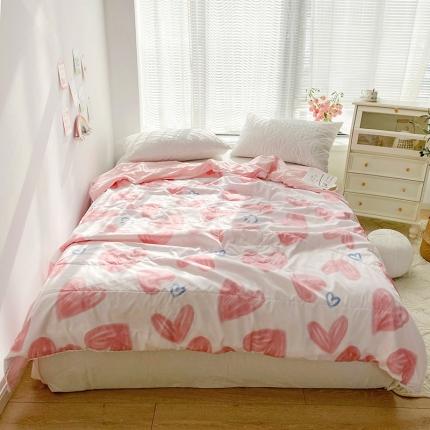 寐居 2022新款亲肤小花边水洗棉单夏被 粉爱心
