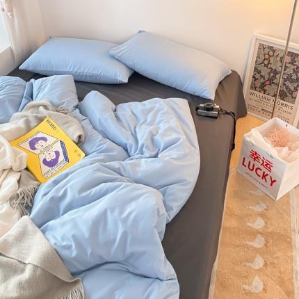 91家纺网 家纺一手货源 找家纺 优宜家 2023新款磨毛纯色ins款双拼混搭四件套海藻蓝+灰