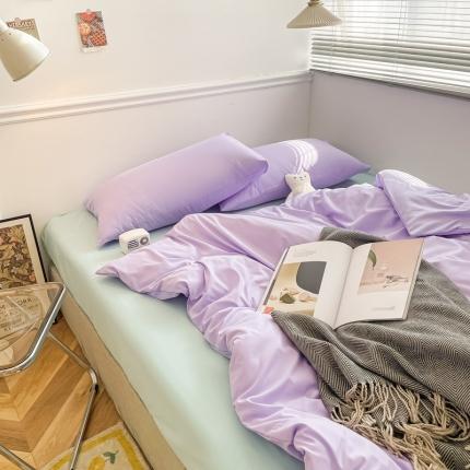 91家纺网 家纺一手货源 找家纺 优宜家 新款磨毛纯色ins款双拼混搭四件套浅紫+水蓝